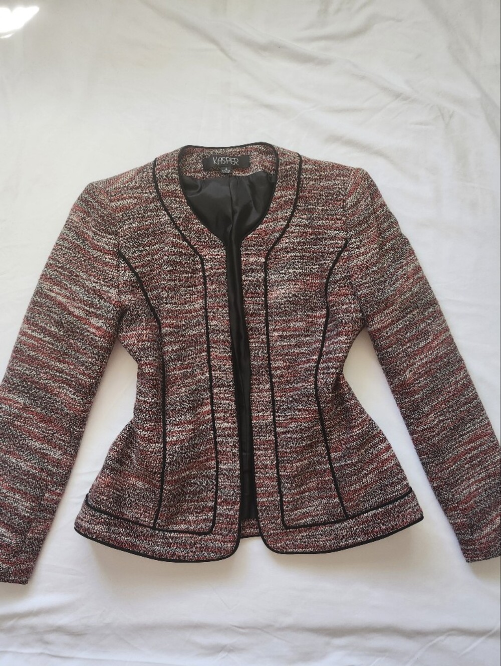 Kasper Red Black Multi-Color Tweed Open-Front Blazer